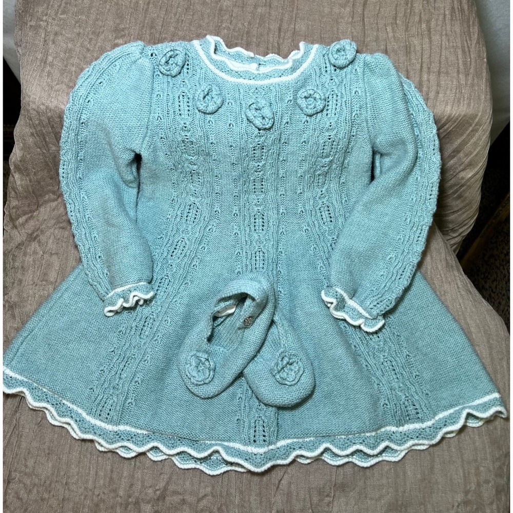 Cynthia Rowley Baby Knit‎ Seafoam Green Floral Cottage Dress With Booties 12-18M